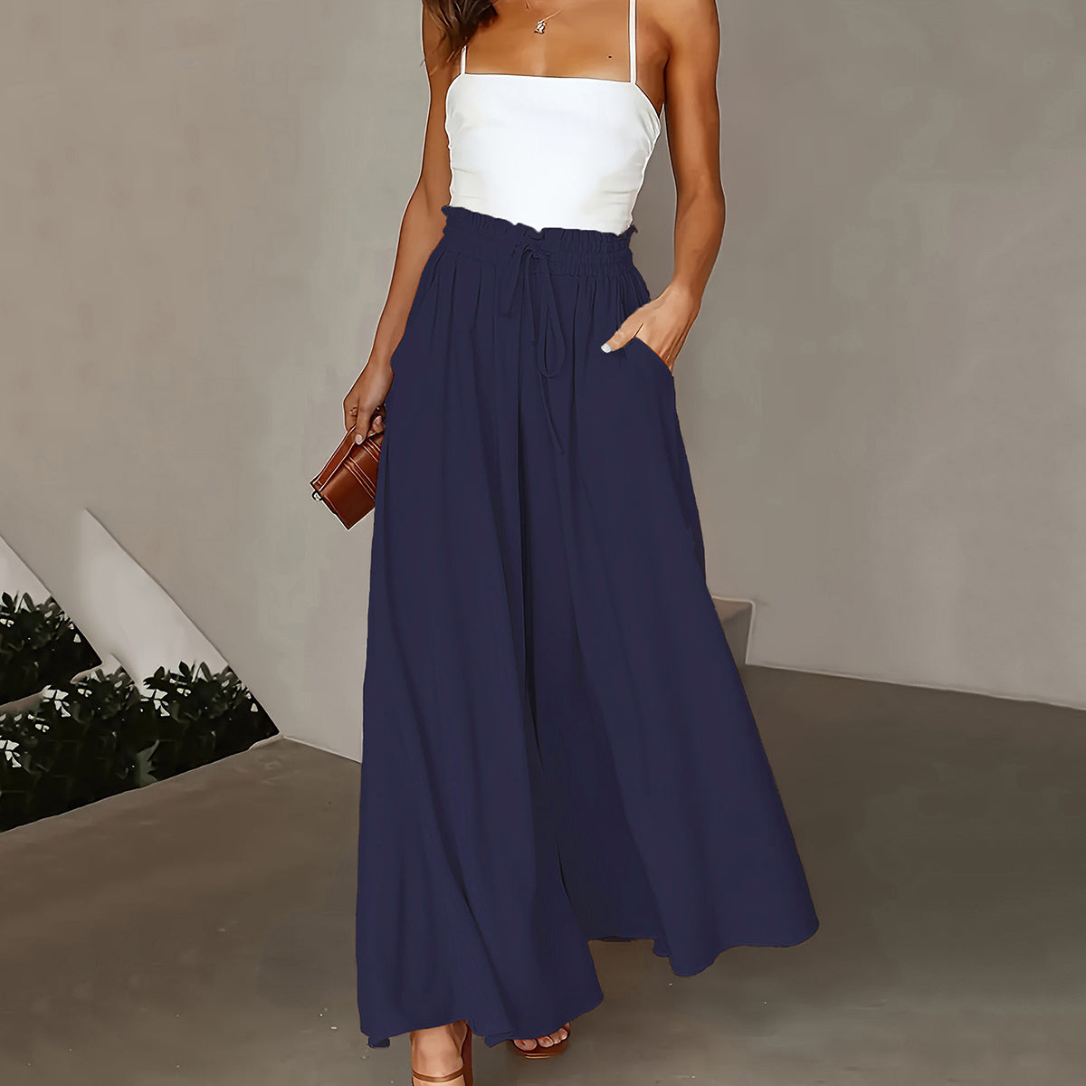 New Casual Elastic High Waist Solid Color Wide Leg Pants