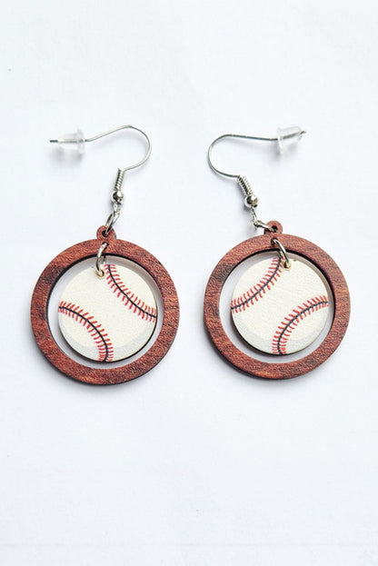 White Baseball Pattern Wood Round Drop Earrings