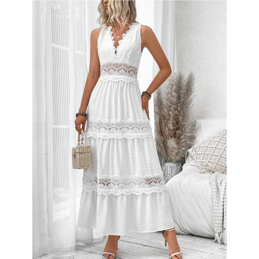 Women's Lace Stitching V-neck Sleeveless Dress