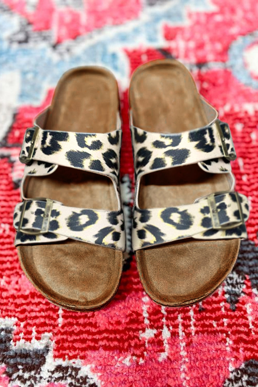 Leopard PU Leather Square Buckle Slippers