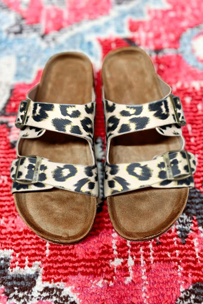 Leopard PU Leather Square Buckle Slippers