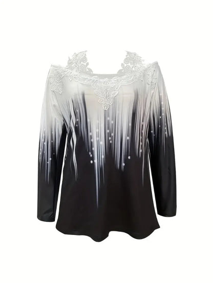 Spring And Autumn New Style Casual Gradient Color Printed Lace Edge Off-shoulder Long Sleeve Top