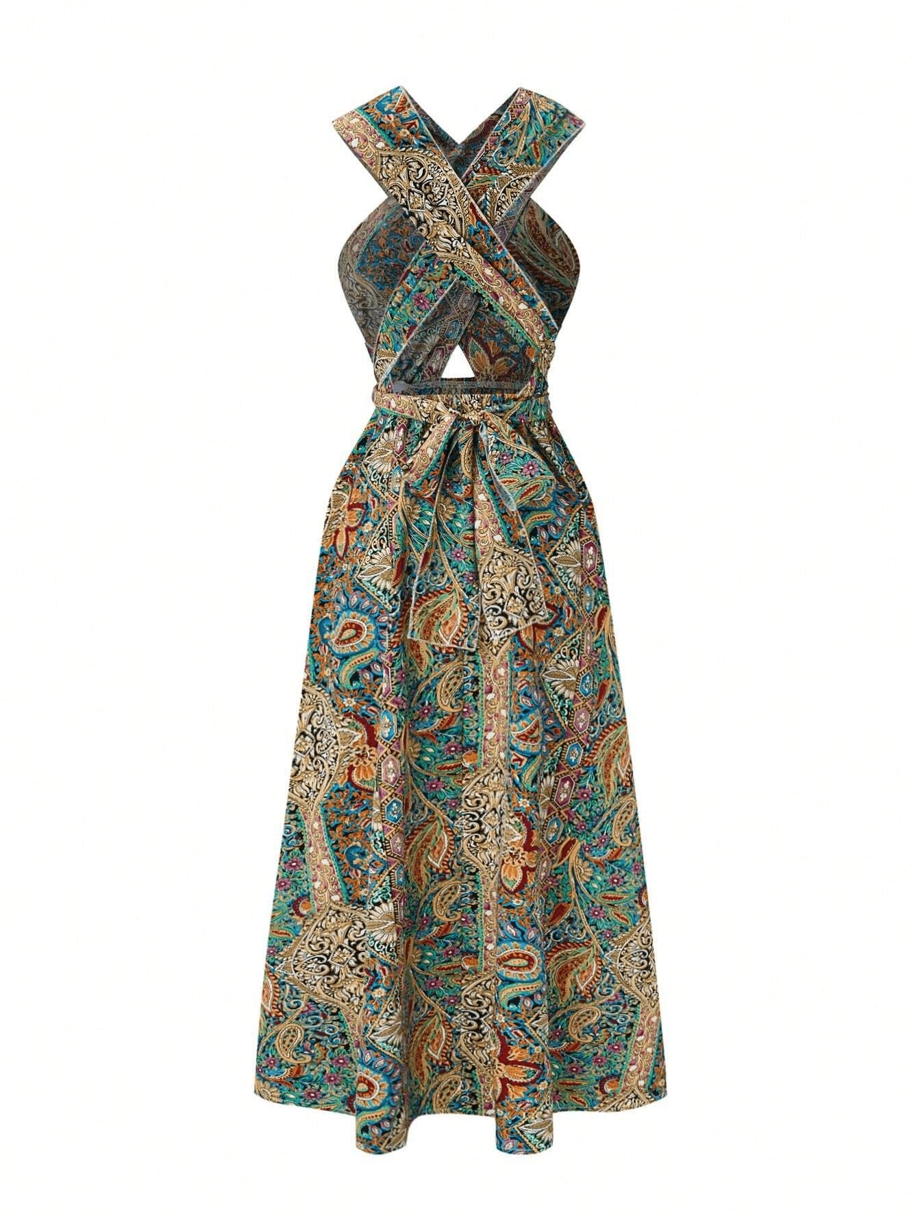 Women Print Maxi Dress High Waisted Cross Halter Neck With Tie Detail,Flowing Vacation Gown In Teal, Blue-Green & Brown Paisley   Pattern, Machine Washable, Summer Fashion Decorative Tie Detail