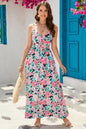 Green Sling V-Neck Elastic Waist Floral Maxi Dress