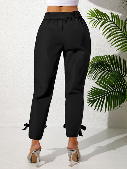 Solid Color Temperament Leg Tie Wooden Ear Trim Casual Women's Pants