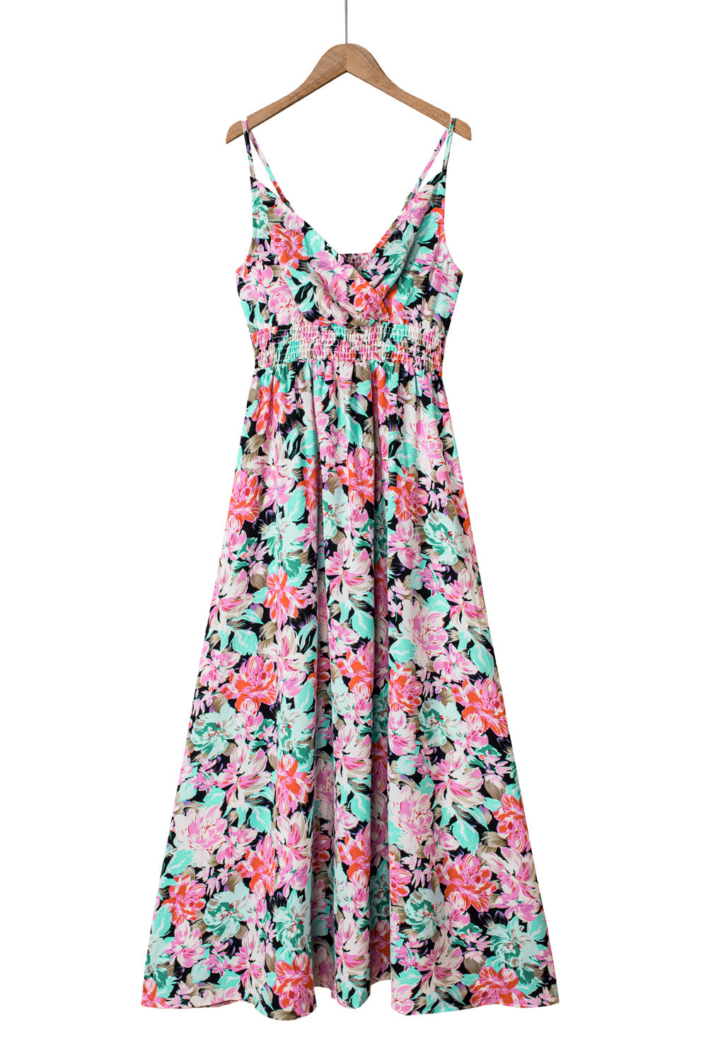 Green Sling V-Neck Elastic Waist Floral Maxi Dress