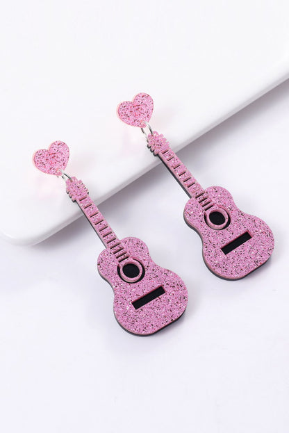 Pink Shiny Guitar Love Music Festival Heart Stud Earrings