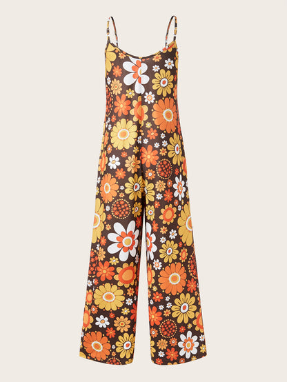 Plus Size Women's Allover Printed Pattern Camisole Casual Street Jumpsuit Pants