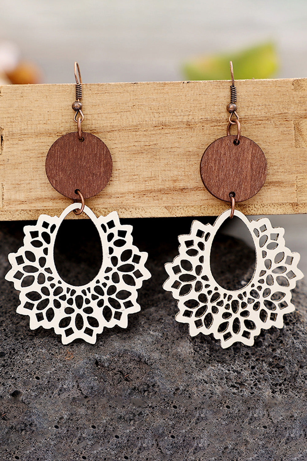 White Hollowed Flower Round Wood Pendant Earrings