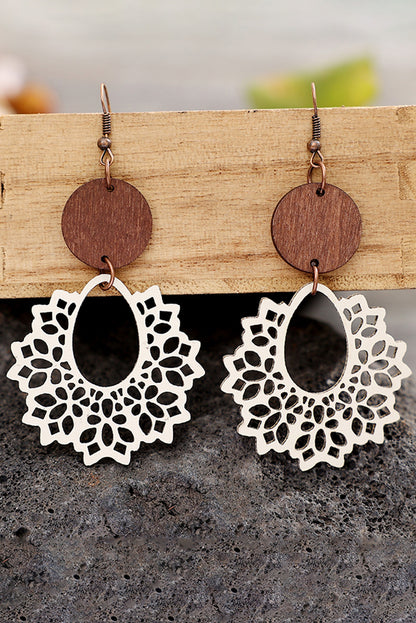 White Hollowed Flower Round Wood Pendant Earrings