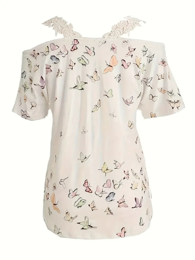 Spring Summer New Butterfly Print V-neck T-shirt Lace Casual Off-the-shoulder Short-sleeved Top
