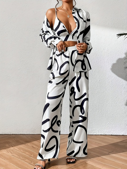 Allover Print Shirt & Wide Leg Pants & Cami Top