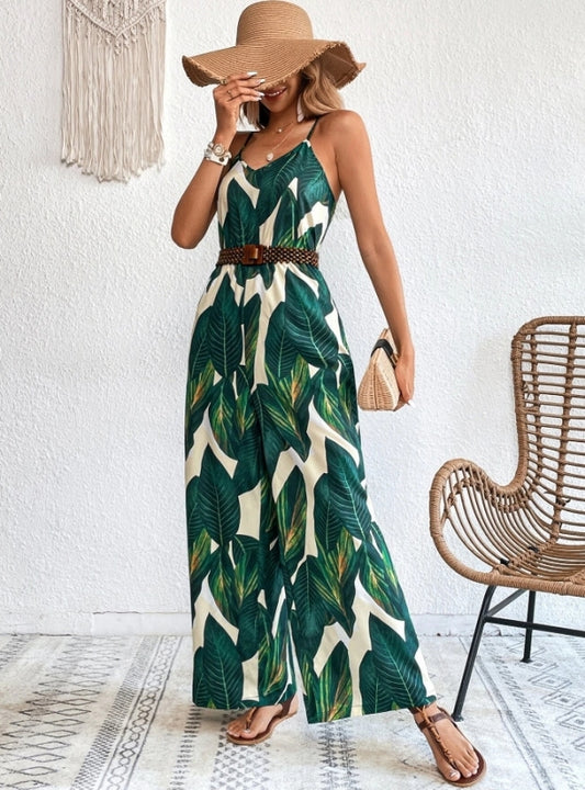 Tropical Print Wide Leg Cami One Piece Spring Jumpsuit Without Belt