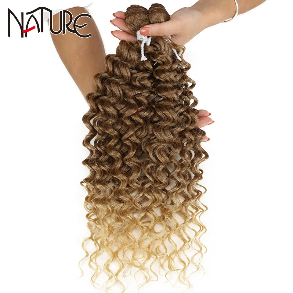 Nature Hair Weave Afro Kinky Curly Synthetic Hair High Temperature Fiber Ombre Brown 26 Inch Deep Wave Hair Bundles Extensions