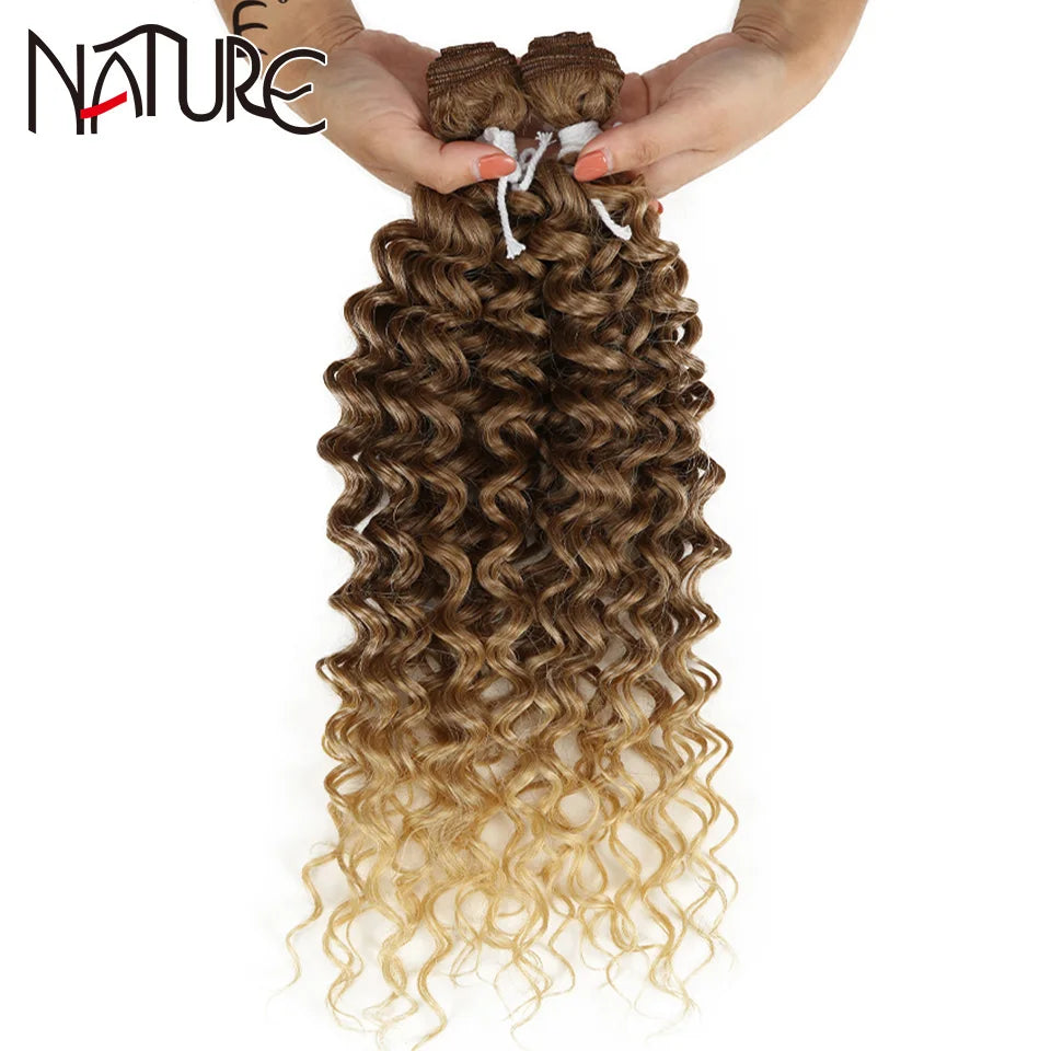 Nature Hair Weave Afro Kinky Curly Synthetic Hair High Temperature Fiber Ombre Brown 26 Inch Deep Wave Hair Bundles Extensions