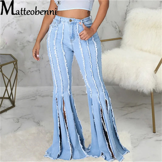 2021 Women Flare Jeans High Waist Fringe Hole Denim Skinny Pants Ladies Stretch Jeans Female Wide Leg Jeans Bell Bottoms Clothes