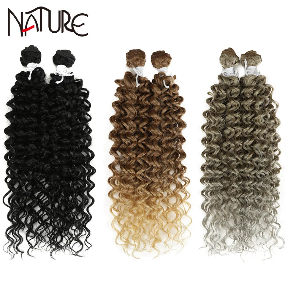 Nature Hair Weave Afro Kinky Curly Synthetic Hair High Temperature Fiber Ombre Brown 26 Inch Deep Wave Hair Bundles Extensions