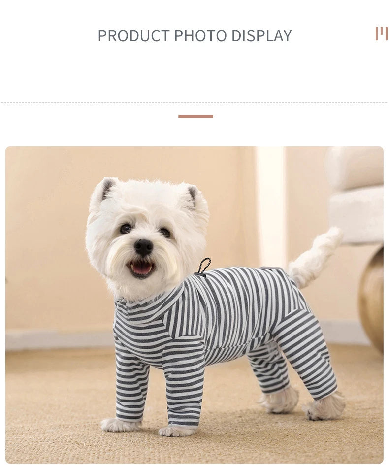 Dog Pajamas Small Dog Clothes with Fully-Closed Stomach Windproof Warm Velvet Pet Undershirts Adjustable Puppy Striped Jumpsuit