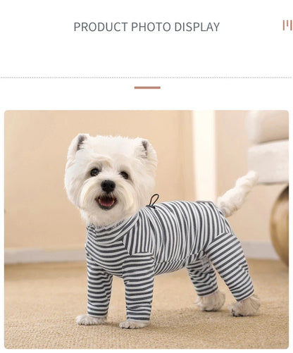 Dog Pajamas Small Dog Clothes with Fully-Closed Stomach Windproof Warm Velvet Pet Undershirts Adjustable Puppy Striped Jumpsuit