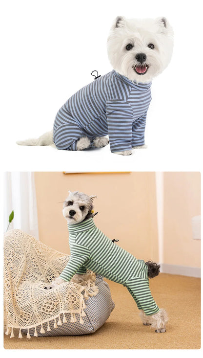 Dog Pajamas Small Dog Clothes with Fully-Closed Stomach Windproof Warm Velvet Pet Undershirts Adjustable Puppy Striped Jumpsuit