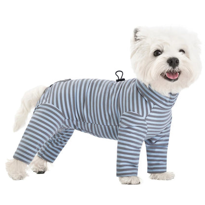 Dog Pajamas Small Dog Clothes with Fully-Closed Stomach Windproof Warm Velvet Pet Undershirts Adjustable Puppy Striped Jumpsuit