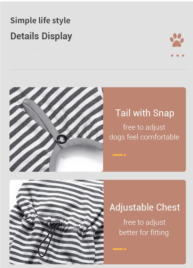 Dog Pajamas Small Dog Clothes with Fully-Closed Stomach Windproof Warm Velvet Pet Undershirts Adjustable Puppy Striped Jumpsuit