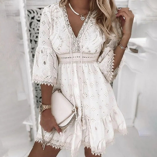 Summer Boho White Dresses for Women Lace Hollowed Crochet Cotton Dress Lady Beach Sundress Short Sleeve Loose A Line Dress Robe