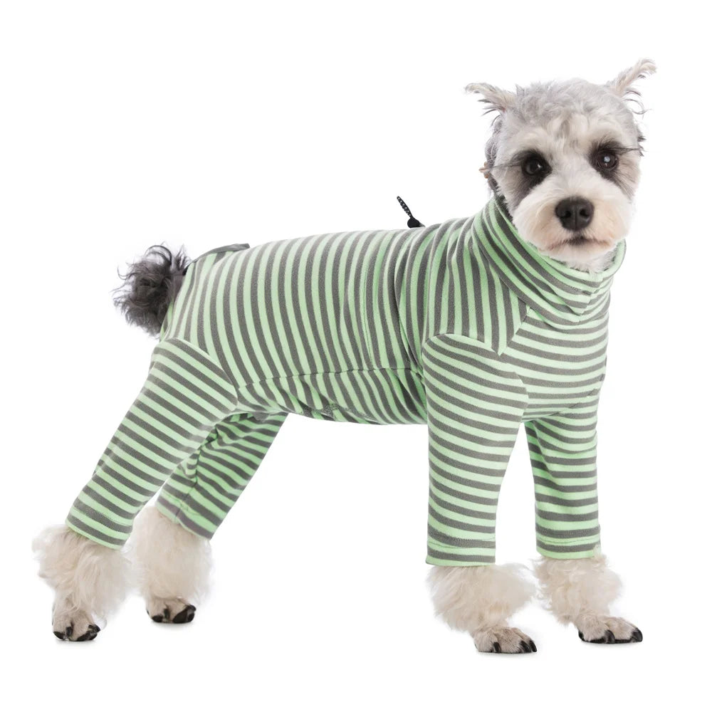 Dog Pajamas Small Dog Clothes with Fully-Closed Stomach Windproof Warm Velvet Pet Undershirts Adjustable Puppy Striped Jumpsuit
