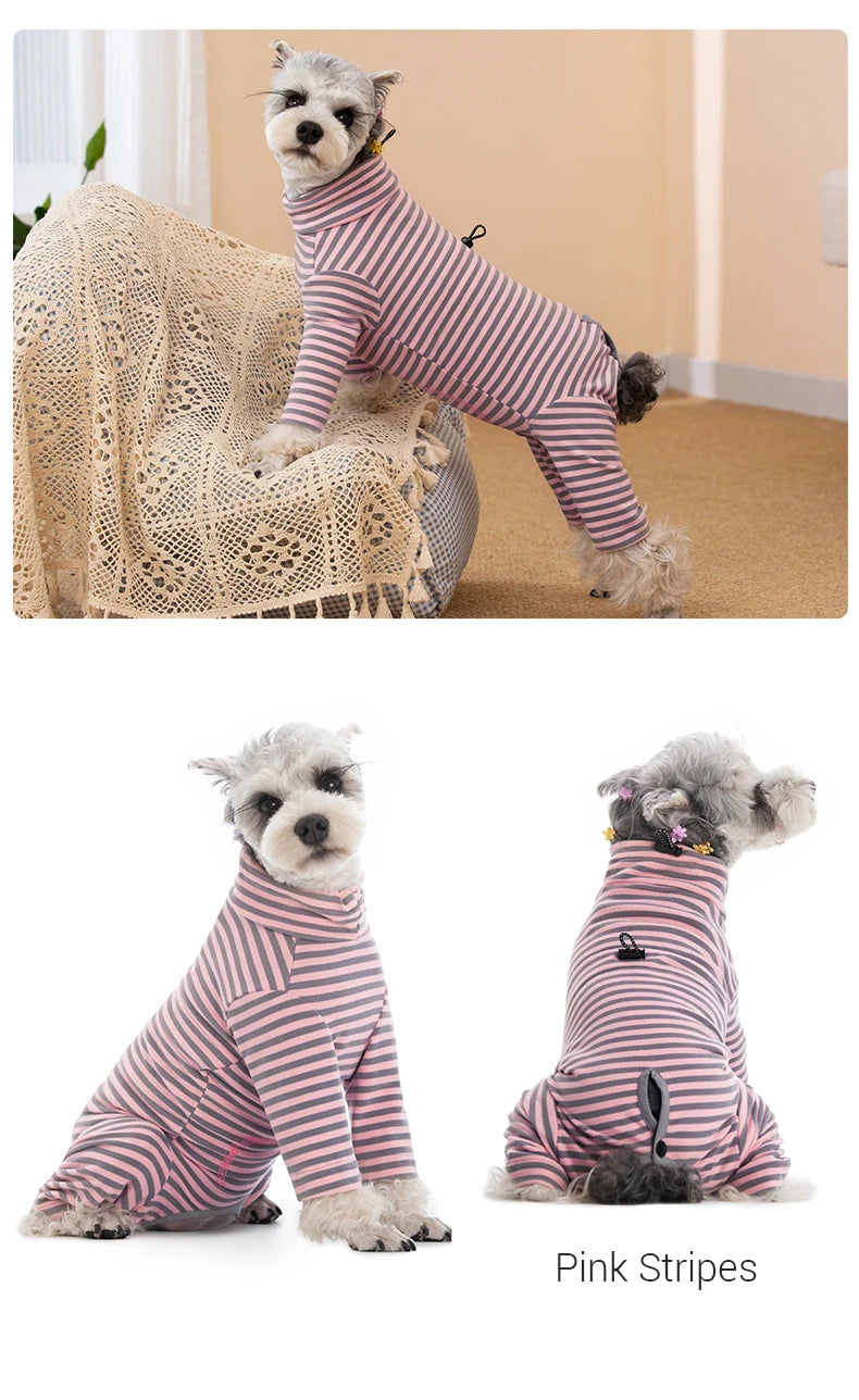 Dog Pajamas Small Dog Clothes with Fully-Closed Stomach Windproof Warm Velvet Pet Undershirts Adjustable Puppy Striped Jumpsuit