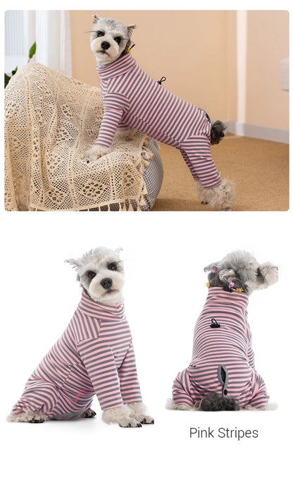 Dog Pajamas Small Dog Clothes with Fully-Closed Stomach Windproof Warm Velvet Pet Undershirts Adjustable Puppy Striped Jumpsuit