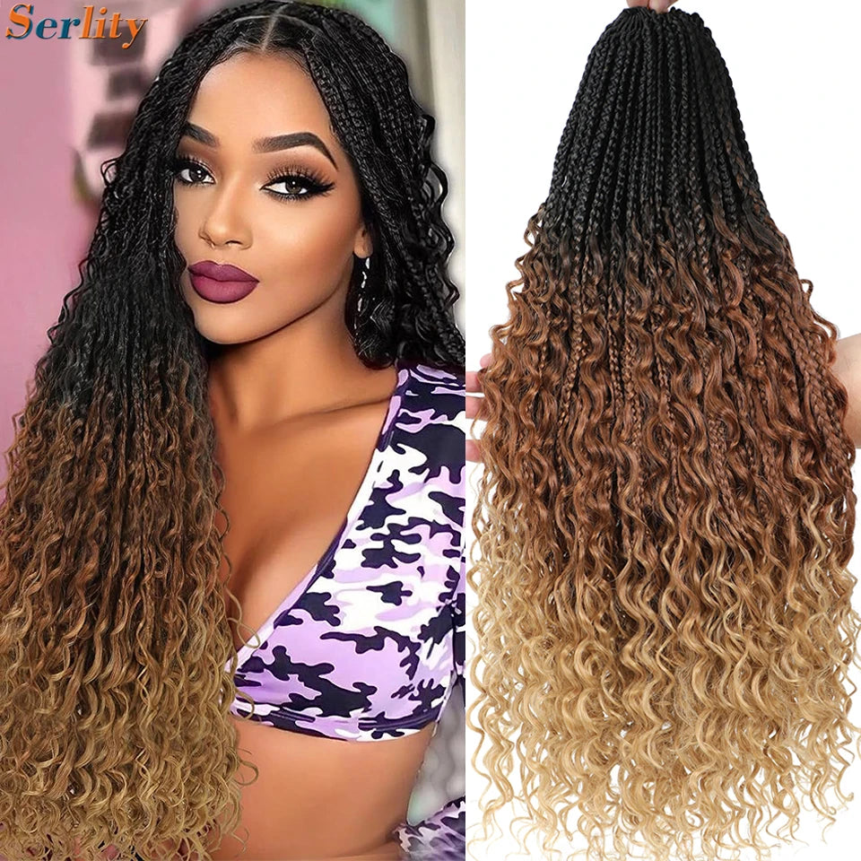 1-6 Packs Ombre Box Braids With Curly Ends Crochet Hair 18 24 Inches T 30 27 Burgundy 1B 5Colors Goddess Box Braids Crochet Hair