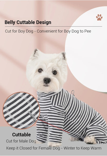 Dog Pajamas Small Dog Clothes with Fully-Closed Stomach Windproof Warm Velvet Pet Undershirts Adjustable Puppy Striped Jumpsuit