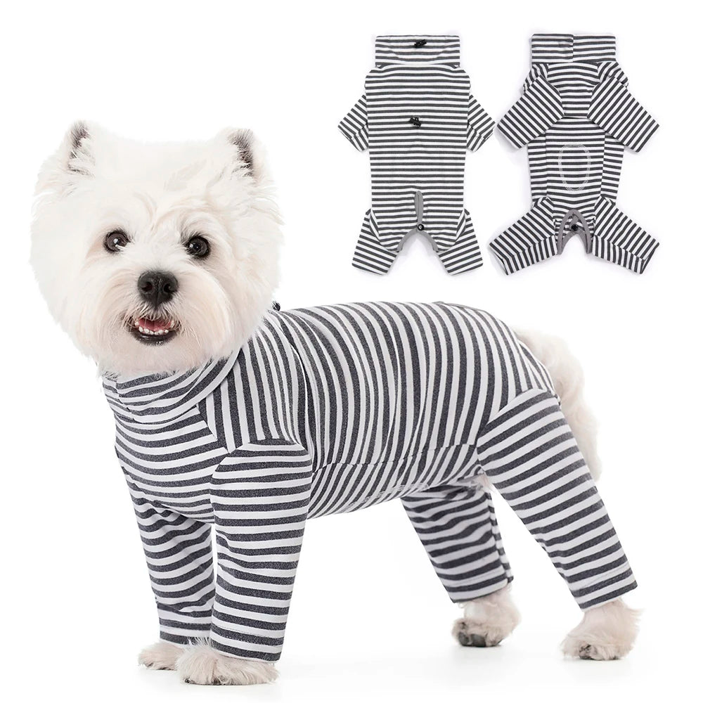 Dog Pajamas Small Dog Clothes with Fully-Closed Stomach Windproof Warm Velvet Pet Undershirts Adjustable Puppy Striped Jumpsuit