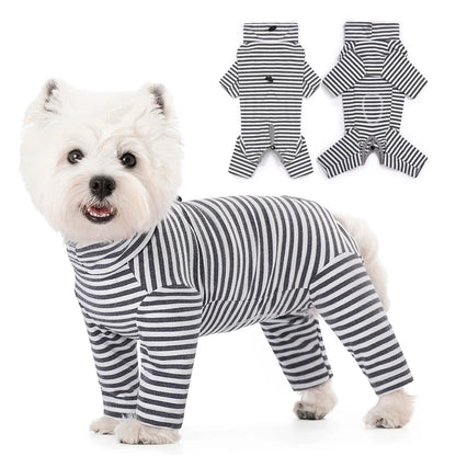 Dog Pajamas Small Dog Clothes with Fully-Closed Stomach Windproof Warm Velvet Pet Undershirts Adjustable Puppy Striped Jumpsuit