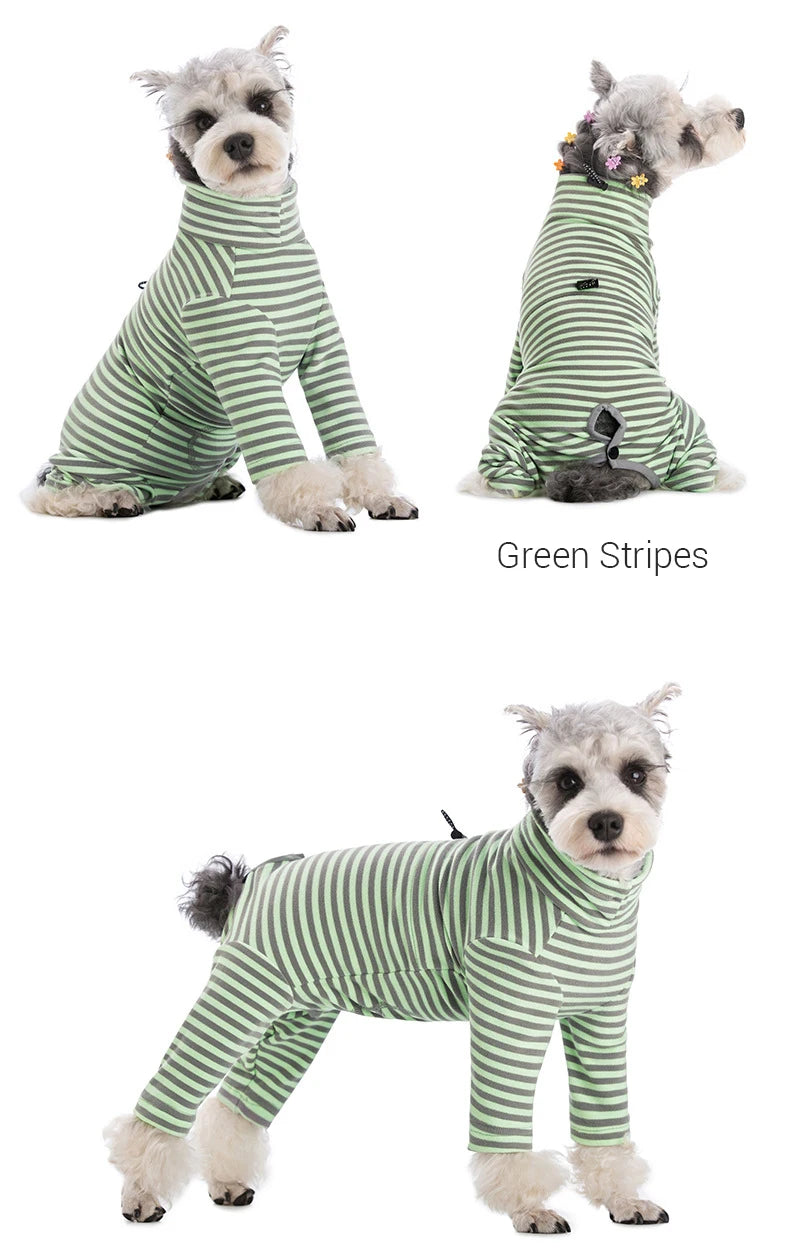 Dog Pajamas Small Dog Clothes with Fully-Closed Stomach Windproof Warm Velvet Pet Undershirts Adjustable Puppy Striped Jumpsuit