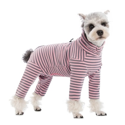 Dog Pajamas Small Dog Clothes with Fully-Closed Stomach Windproof Warm Velvet Pet Undershirts Adjustable Puppy Striped Jumpsuit
