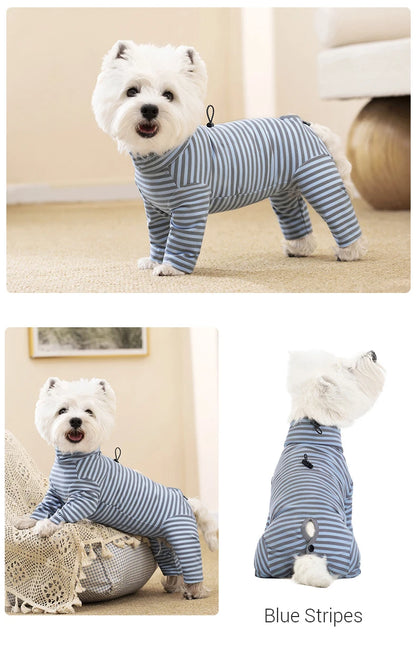 Dog Pajamas Small Dog Clothes with Fully-Closed Stomach Windproof Warm Velvet Pet Undershirts Adjustable Puppy Striped Jumpsuit