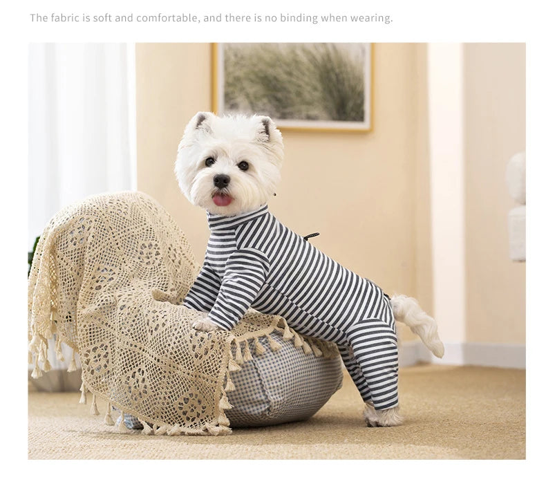 Dog Pajamas Small Dog Clothes with Fully-Closed Stomach Windproof Warm Velvet Pet Undershirts Adjustable Puppy Striped Jumpsuit