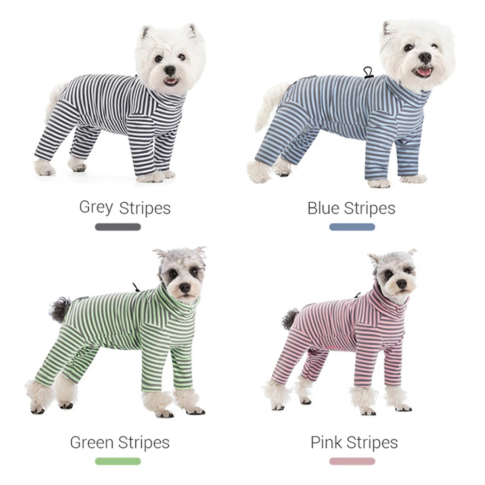 Dog Pajamas Small Dog Clothes with Fully-Closed Stomach Windproof Warm Velvet Pet Undershirts Adjustable Puppy Striped Jumpsuit