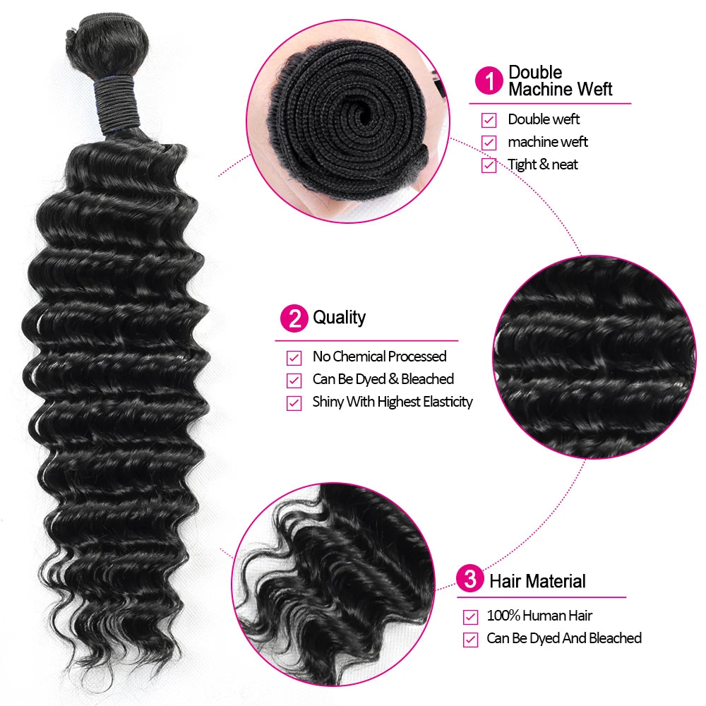 Deep Wave Bundles 3 PCS Natural Color 100% Remy Human Hair Bundles 10-40 Inch 100 Gram Per Bundle Sew In Quick Weave Bundles