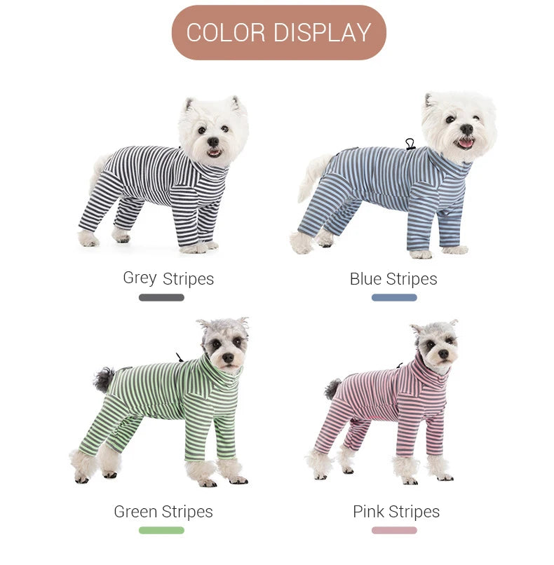 Dog Pajamas Small Dog Clothes with Fully-Closed Stomach Windproof Warm Velvet Pet Undershirts Adjustable Puppy Striped Jumpsuit