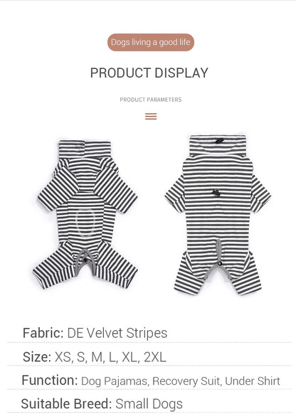Dog Pajamas Small Dog Clothes with Fully-Closed Stomach Windproof Warm Velvet Pet Undershirts Adjustable Puppy Striped Jumpsuit