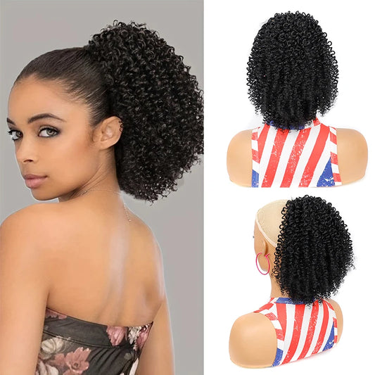 10inch Curly Drawstring Ponytail Hair Extension for Women Short Afro Kinky Curly Pony Tail Black Synthetic Fibre Horse Tail Hair