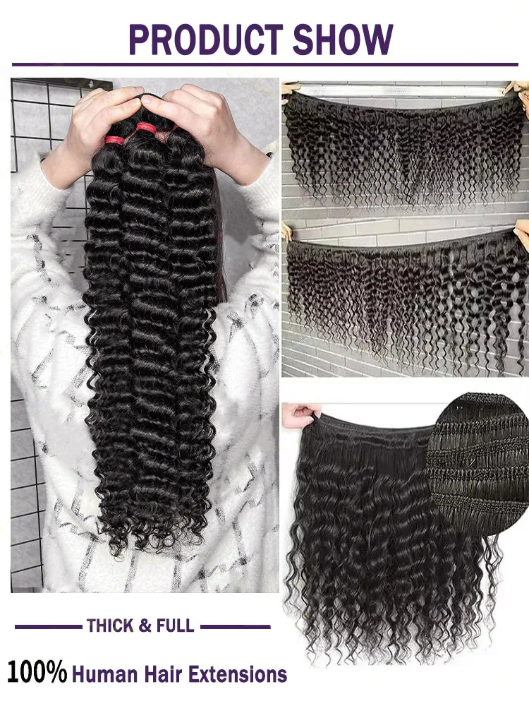 30 34 Inch Deep Wave Human Hair Bundles Curly Hair Burmese Weaving Raw Unprocessed Tissage Double Weft Virgin Hair Extensions
