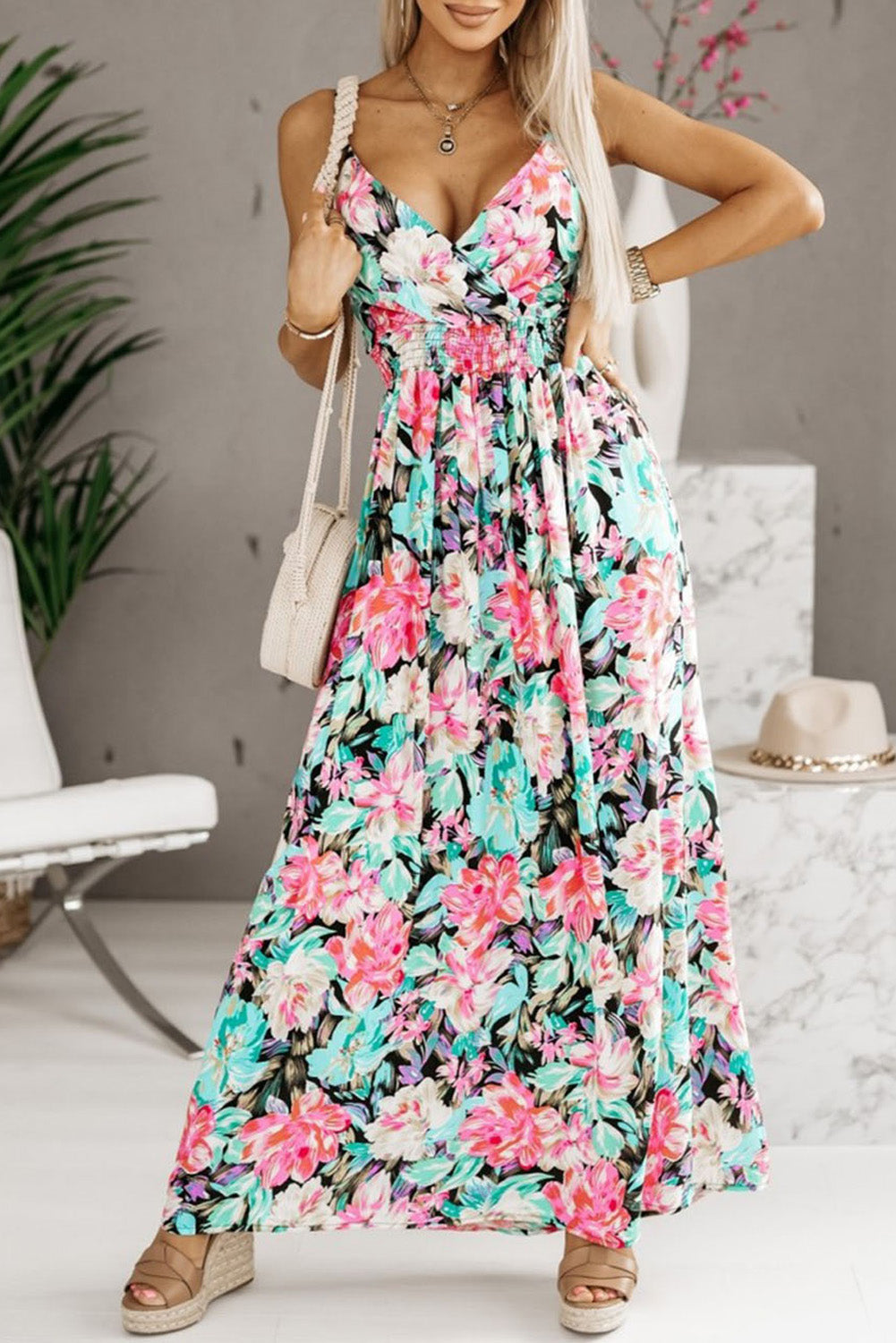 Green Sling V-Neck Elastic Waist Floral Maxi Dress