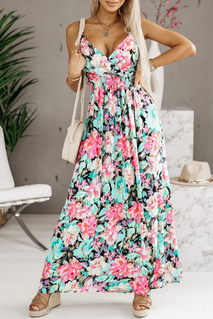 Green Sling V-Neck Elastic Waist Floral Maxi Dress
