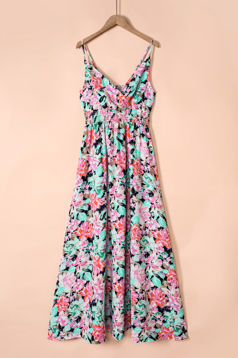 Green Sling V-Neck Elastic Waist Floral Maxi Dress