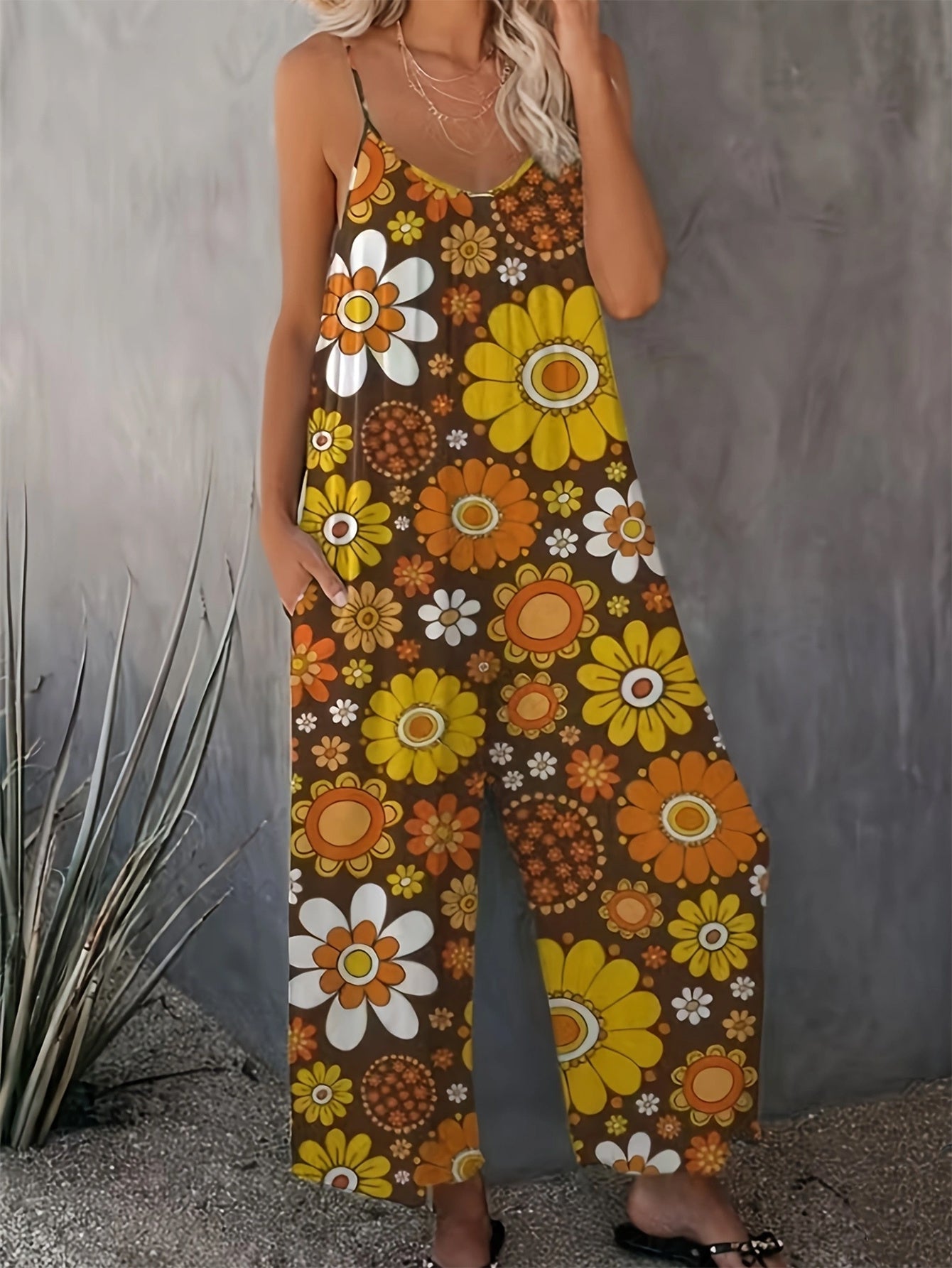 Plus Size Women's Allover Printed Pattern Camisole Casual Street Jumpsuit Pants