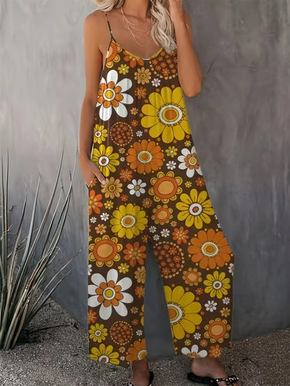 Plus Size Women's Allover Printed Pattern Camisole Casual Street Jumpsuit Pants