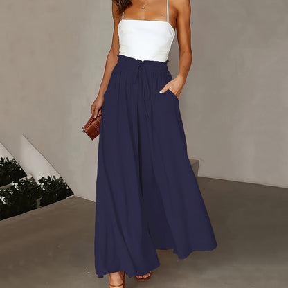 New Casual Elastic High Waist Solid Color Wide Leg Pants